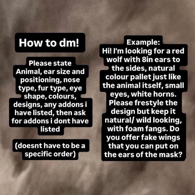 Puede incluir: Imagen con texto: "How to dm!" y una solicitud detallada de una m&aacute;scara de lobo personalizada, incluyendo el tama&ntilde;o de las orejas, el tipo de pelaje y las preferencias de dise&ntilde;o. El ejemplo especifica orejas de 20 cm.