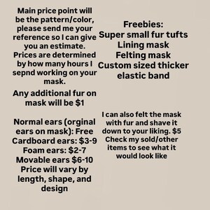 Puede incluir: Imagen con texto que detalla opciones y precios para m&aacute;scaras personalizadas. Incluye detalles sobre tipos de orejas, pelaje adicional y obsequios como mechones de piel. Los precios var&iacute;an seg&uacute;n el dise&ntilde;o.