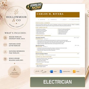 May include: A digital resume template for a licensed journeyman electrician named Carlos M. Rivera. The document includes sections for professional summary, core competencies, experience, education, and certifications, with a gold and white layout.