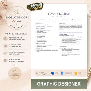 May include: A graphic designer resume template featuring a clean white layout with black text, including sections for profile, education, skills, and experience. The document displays the name Sophie L. Tran and includes icons for Word, Google Docs, and Pages.