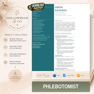 May include: A professional resume template for a phlebotomy technician featuring a teal sidebar with skills, certifications, and education. The document includes sections for profile and work experience, with icons for Microsoft Word, Google Docs, and Pages.