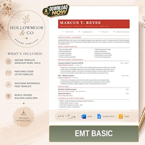 May include: A digital resume template for an Emergency Medical Technician featuring a red header with the name Marcus T. Reyes. The document includes sections for professional summary, core competencies, experience, education, and certifications.