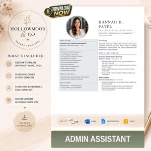 Pode incluir: Um modelo de currículo digital para assistente administrativo com uma foto circular de uma mulher, seções para educação, habilidades, certificações e experiência profissional, com ícones do Microsoft Word, Google Docs e Apple Pages.