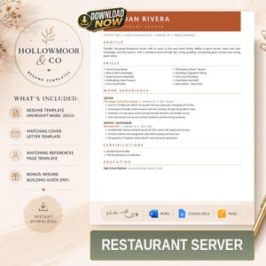 May include: A digital resume template for a restaurant server featuring a rust-colored header with the name Jordan Rivera. The document includes sections for profile, skills, work experience, certifications, and education, with icons for Word, Google Docs, and Pages.
