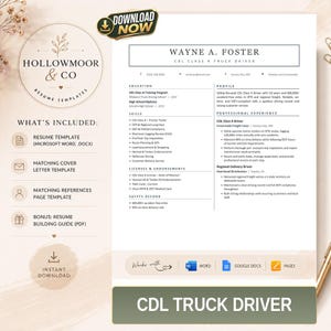 Op de afbeelding: Een professioneel cv-sjabloon voor een CDL Class A vrachtwagenchauffeur, met secties voor opleiding, vaardigheden, licenties en werkervaring. Het document bevat een koptekst met de naam Wayne A. Foster en een zijbalk met inbegrepen bestanden.