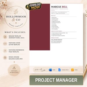 CV-mall för projektledare, PMP-CV + personligt brev och referenser, ATS-vänligt redigerbart Word-CV, direktnedladdning