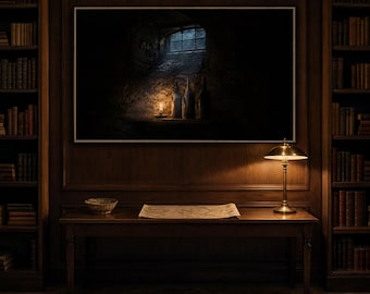 Sztuka na telewizorze w ramie w stylu vintage — Okno w piwnicy — Nastrojowy obraz olejny w piwnicy przy świecach — Telewizor Samsung Frame — 4K + 8K