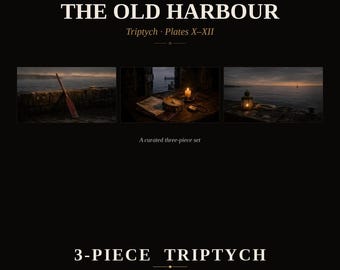Zestaw artystyczny do telewizora w ramce vintage — Old Harbour Plates X-XII — Moody Coastal Harbour, obraz olejny, tryptyk — 4K + 8K