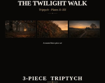 Zestaw artystyczny Vintage Frame TV — Twilight Walk Plates X-XII — Nastrojowy wiejski krajobraz, tryptyk olejny — 4K + 8K