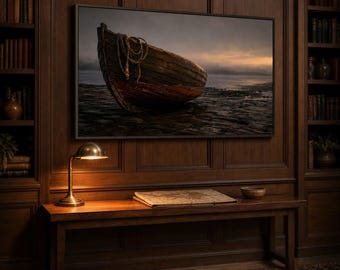 Sztuka na telewizorze Vintage Frame — Zwietrzały kadłub — Obraz olejny z Moody Coastal Harbour — Telewizor Samsung Frame — 4K + 8K