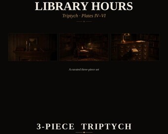 Zestaw artystyczny Vintage Frame TV — Godziny otwarcia biblioteki, tablice IV-VI — Biblioteka Dark Academia, obraz olejny, tryptyk — 4K + 8K