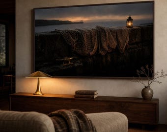 Sztuka na telewizorze Vintage Frame — Sieci suszące — Obraz olejny z Moody Coastal Harbour — Telewizor Samsung Frame — 4K + 8K