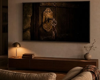 Sztuka na telewizorze Vintage Frame — The Brass Lock — Moody Candlelit Cellar — Obraz olejny — Samsung Frame TV — 4K + 8K