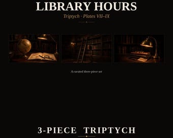 Zestaw artystyczny Vintage Frame TV — Godziny otwarcia biblioteki, tablice VII-IX — Biblioteka Dark Academia, obraz olejny, tryptyk — 4K + 8K