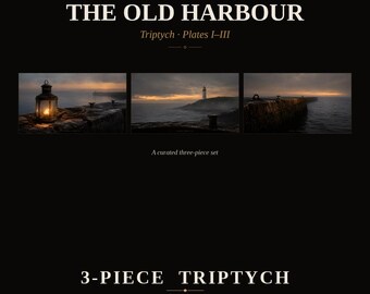 Zestaw artystyczny do telewizora w ramce vintage — Old Harbour Plates I-III — Moody Coastal Harbour, obraz olejny, tryptyk — 4K + 8K