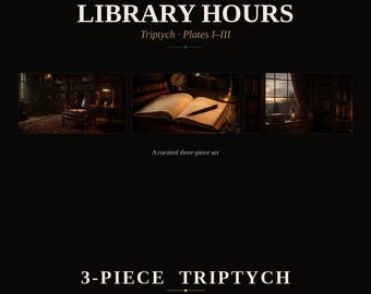 Zestaw artystyczny Vintage Frame TV — Godziny otwarcia biblioteki, tablice I-III — Biblioteka Dark Academia, obraz olejny, tryptyk — 4K + 8K