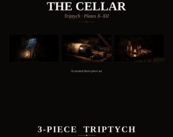 Zestaw artystyczny do telewizora w ramce vintage — The Cellar Plates X-XII — Nastrojowy tryptyk olejny z piwnicą oświetloną świecami — 4K + 8K