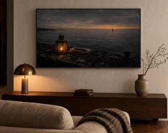 Sztuka na telewizorze Vintage Frame — Ostatni przypływ — Obraz olejny z Moody Coastal Harbour — Telewizor Samsung Frame — 4K + 8K