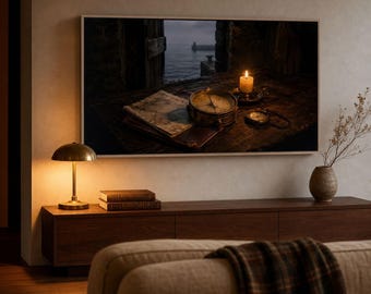 Sztuka na telewizorze Vintage Frame — Kompas kapitana — Obraz olejny Moody Coastal Harbour — Telewizor Samsung Frame — 4K + 8K