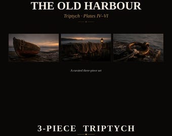 Zestaw artystyczny do telewizora w ramce vintage — Old Harbour Plates IV-VI — Moody Coastal Harbour Oil Painting Triptych — 4K + 8K