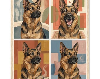Funny Dog House Tour Print | German Shepherd 4-Room Wall Art Collage | Bathroom Kitchen Bedroom Hallway | Dog Mom Gift | Framed Print
