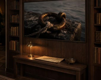 Sztuka na telewizorze Vintage Frame — The Mooring Ring — Obraz olejny z Moody Coastal Harbour — Telewizor Samsung Frame — 4K + 8K