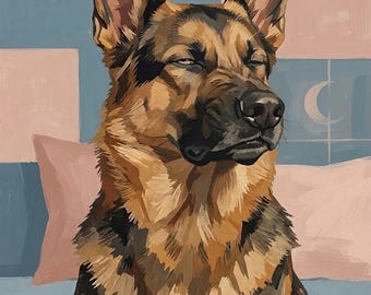 Funny Dog Bedroom Digital Print | Sleepy German Shepherd Wall Art | Printable Bedroom Decor | Instant Download