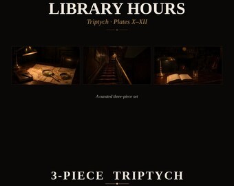 Zestaw artystyczny do telewizora w ramce vintage — Godziny otwarcia biblioteki, tablice X-XII — Biblioteka Dark Academia, obraz olejny, tryptyk — 4K + 8K