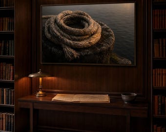 Sztuka na telewizorze Vintage Frame — The Coiled Rope — Obraz olejny Moody Coastal Harbour — Telewizor Samsung Frame — 4K + 8K
