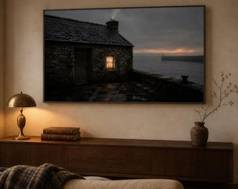 Sztuka na telewizorze Vintage Frame — Okno strażnika — Obraz olejny Moody Coastal Harbour — Telewizor Samsung Frame — 4K + 8K