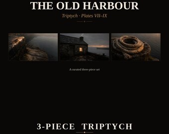 Zestaw artystyczny do telewizora w ramce vintage — Old Harbour Plates VII-IX — Moody Coastal Harbour, obraz olejny, tryptyk — 4K + 8K