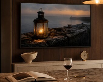 Sztuka na telewizorze Vintage Frame — Latarnia portowa — Obraz olejny Moody Coastal Harbour — Telewizor Samsung Frame — 4K + 8K