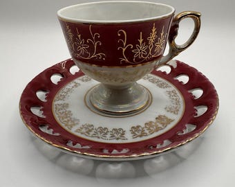 Vintage Tea Cup and Saucer Japan Gold Burgundy Lusterware Dainty Scalloped Edge