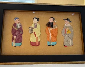 Vintage chinese zijde appliqué kunst 4 eight onsterfelijken schaduwdoos op maat ingelijst