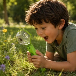 Puede incluir: Un recipiente de observación de insectos portátil de color verde brillante con una cámara de visión de plástico transparente y una lupa. El dispositivo cuenta con un mango resistente y una tapa segura para examinar insectos.