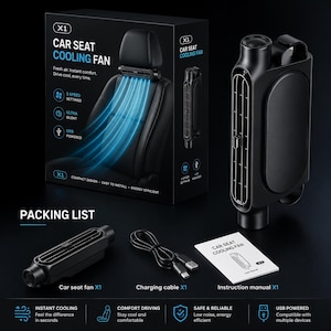 Puede incluir: Un ventilador de refrigeraci&oacute;n para asiento de coche X1 negro con rejilla rectangular, cable de carga USB y manual de instrucciones. La caja muestra el ventilador montado en un reposacabezas con texto como Car Seat Cooling Fan y 3 Speed Settings.