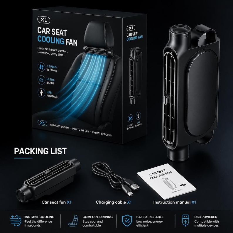 Puede incluir: Un ventilador de refrigeraci&oacute;n para asiento de coche X1 negro con rejilla rectangular, cable de carga USB y manual de instrucciones. La caja muestra el ventilador montado en un reposacabezas con texto como Car Seat Cooling Fan y 3 Speed Settings.