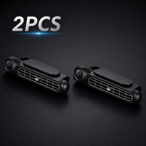 Puede incluir: Dos ventiladores de coche negros de forma rectangular con un dise&ntilde;o de rejilla horizontal y un bot&oacute;n de encendido circular en el lateral. El texto 2PCS aparece en blanco en la parte superior de la imagen, indicando un conjunto de dos unidades.