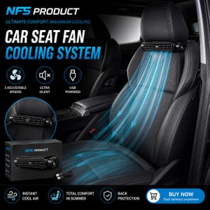 Puede incluir: Un sistema de ventilaci&oacute;n para asiento de coche NFS PRODUCT negro montado en el reposacabezas, con tres velocidades ajustables, funcionamiento ultra silencioso y alimentaci&oacute;n USB. El dispositivo expulsa aire hacia el asiento, con su caja.