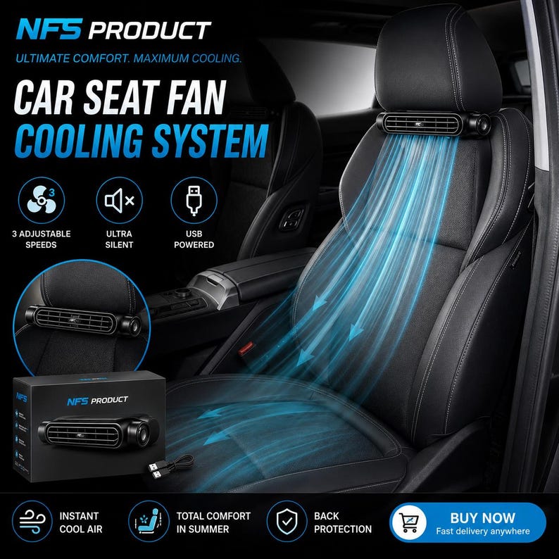 Puede incluir: Un sistema de ventilaci&oacute;n para asiento de coche NFS PRODUCT negro montado en el reposacabezas, con tres velocidades ajustables, funcionamiento ultra silencioso y alimentaci&oacute;n USB. El dispositivo expulsa aire hacia el asiento, con su caja.
