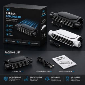 Puede incluir: Un conjunto de ventiladores de refrigeraci&oacute;n para asiento de coche en negro y blanco, que incluye cable de carga USB y manual de instrucciones. El ventilador presenta un dise&ntilde;o de rejilla rectangular con un mando central y tres velocidades.