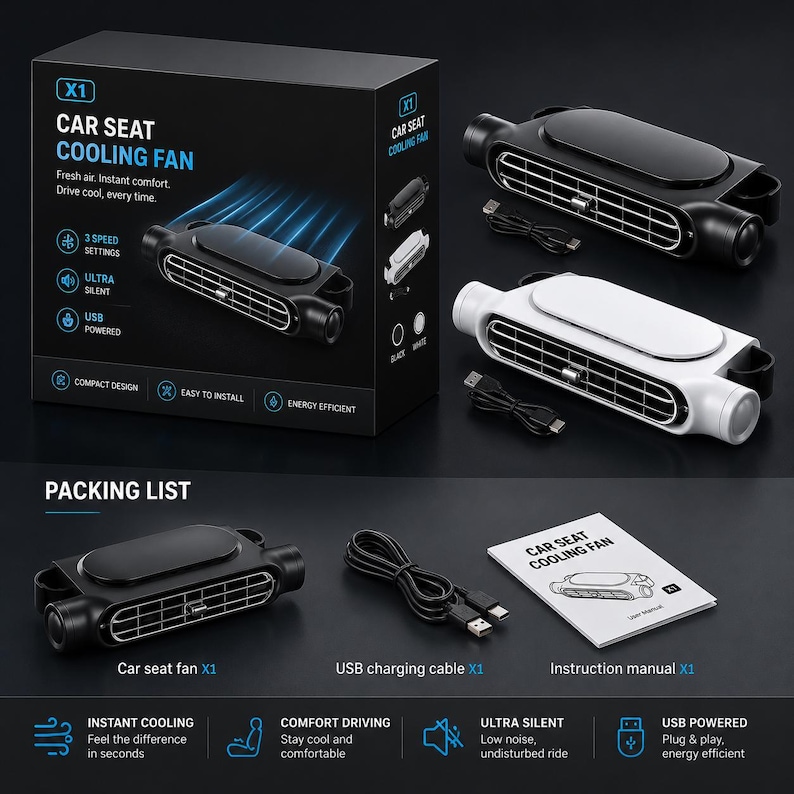 Puede incluir: Un conjunto de ventiladores de refrigeraci&oacute;n para asiento de coche en negro y blanco, que incluye cable de carga USB y manual de instrucciones. El ventilador presenta un dise&ntilde;o de rejilla rectangular con un mando central y tres velocidades.