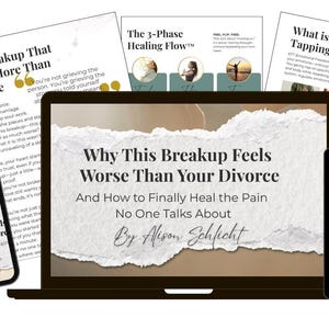 May include: A digital marketing image featuring a laptop, tablet, and smartphone displaying content about healing from breakups. The laptop screen shows the title "Why This Breakup Feels Worse Than Your Divorce." Additional printed pages are also visible.
