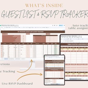 May include: A digital wedding guest list and RSVP tracker displayed on a computer monitor, tablet, and smartphone. The spreadsheet features brown and white headers with columns for meal selections, plus-one tracking, and table seating assignments.