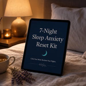 May include: A tablet displaying the text 7-Night Sleep Anxiety Reset Kit, Calm Your Mind, Reclaim Your Nights, and a crescent moon icon. Beside the tablet sits a ceramic mug filled with tea and a small bundle of dried lavender sprigs.