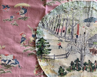 2 pieces 1940s 1950s textiles children print canvas Grandma Moses barkcloth piece