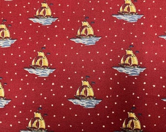 VINTAGE rare RED Discover America ships per yard Julie Rothermehl cotton