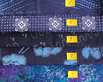FIVE more OOP Blue quilt cotton fabrics STASH #3 Nancy Crow Mary Ellen Hopkins
