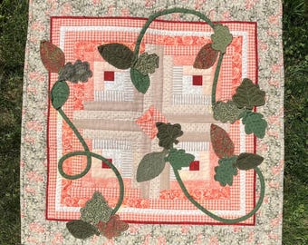 Dimensional Raw Edge applique enhanced log cabin small quilt 25” x 25”