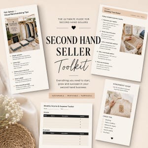 Könnte beinhalten: Ein digitales Toolkit für Second-Hand-Verkäufer mit einem Leitfaden namens Second Hand Seller Toolkit, Tipps für visuelles Merchandising, einem Markenaufbau-Guide, einer Checkliste und einer Einnahmen-Ausgaben-Tabelle mit Euro-Symbolen.